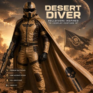 Helldivers Cosplay | Desert Diver Faux Leather Costume - Game Inspired Armor Suit with Cape • Custom Made Adult Unisex Outfit