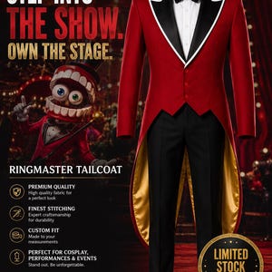 May include: A red tailcoat with black lapels and white trim, paired with black trousers. The ensemble includes a white shirt, a black bow tie, and gold lining inside the coat tails. Text on the image reads: STEP INTO THE SHOW. OWN THE STAGE.