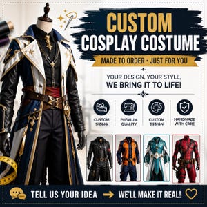 May include: A custom cosplay costume displayed on a mannequin, featuring a navy blue and white coat with gold accents, a black shirt, and a brown belt. The image includes text: CUSTOM COSPLAY COSTUME, MADE TO ORDER, YOUR DESIGN, YOUR STYLE, WE BRING IT TO LIFE.