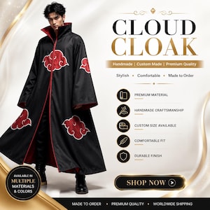 May include: A black floor-length cloak with a high collar and red interior lining, featuring red cloud-shaped appliques with white outlines. The text CLOUD CLOAK is displayed alongside icons for premium material, handmade craftsmanship, and custom sizing.