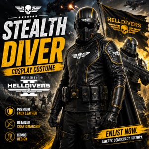 Può includere: Un costume cosplay in similpelle nera e oro ispirato a Helldivers, con casco integrale, giacca tattica con emblema a teschio, cintura multiuso e mantello. Testo: STEALTH DIVER, HELLDIVERS, ENLIST NOW. LIBERTY. DEMOCRACY. VICTORY.