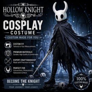 Könnte beinhalten: Ein Hollow Knight Cosplay-Kostüm mit einer weißen, gehörnten Maske mit großen schwarzen Augenhöhlen, einem dunklen, zerfetzten Umhang, einer schwarzen Hose und Stiefeln. Die Figur hält ein langes, schmales Schwert. Text beinhaltet Hollow Knight Cosplay Costume.