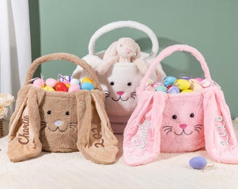 Cestino pasquale personalizzato a forma di coniglietto con nome, cestino ricamato personalizzato, secchiello pasquale, regalo di Pasqua per bambini, bambine e bambini