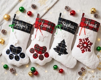 Personalized Embroidered Plaid Paw Stocking, Dog Stocking, Cat Stocking, Christmas Stocking With Name, Pet Stockings