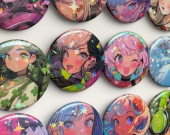 Botões holográficos de anime – Conjunto de 12 acessórios kawaii com estrelas brilhantes
