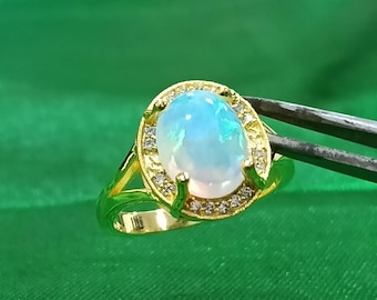 Sterling Silver Opal/Diamond Ring Women's Band, Engagement Wedding – 14k Yellow Gold Plated