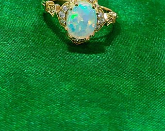 Sterling Silver Opal Halo Ring – 14K Yellow Gold Plated Band, Vintage Style