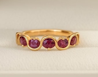 Ruby Eternity Ring, 14K Solid Gold Wavy Band, July Birthstone