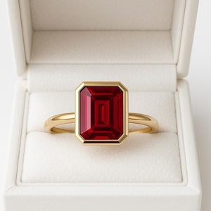 Op de afbeelding: Een gouden ring met een grote, rechthoekige, dieprode edelsteen. De edelsteen is gezet in een gouden bezel en wordt gepresenteerd in een open witte sieradendoos. De ring heeft een eenvoudige, gepolijste gouden band.