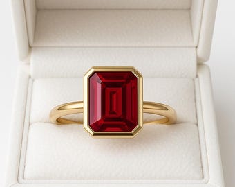 Emerald Cut Red Ruby Ring: 14k Yellow Gold Solitaire Engagement Ring