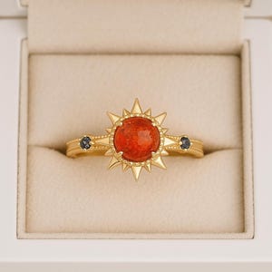 Sunstone Engagement Ring, Art Deco Milgrain, Yellow Gold Bridal Ring