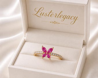 18k White Gold Elegant Pink Sapphire Butterfly Ring, Unique Promise Ring, Nature Inspired Jewelry Gift For Her
