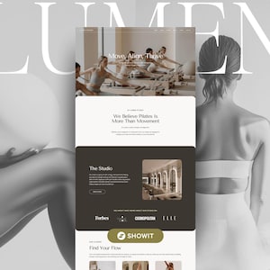 May include: A grayscale image featuring a website design with the word "LUMEN" in large letters. The website showcases pilates with the text "Move, Align, Thrive" and "We Believe Pilates Is More Than Movement". The image also includes logos for Forbes, Cosmopolitan, and Elle.
