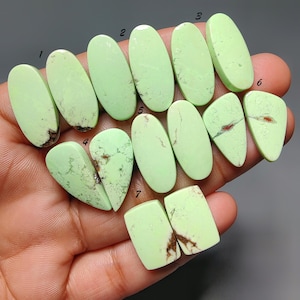 May include: A collection of light green gemstones in various shapes, including ovals and rectangles. The stones have brown and darker green inclusions and are held in a hand. The gemstones are numbered for identification.