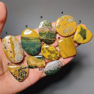 May include: A collection of ten polished gemstones in various shapes and colors, including yellow, brown, green, and blue. The stones are held in a hand against a gray background. Each stone has unique patterns and textures, showcasing natural variations.