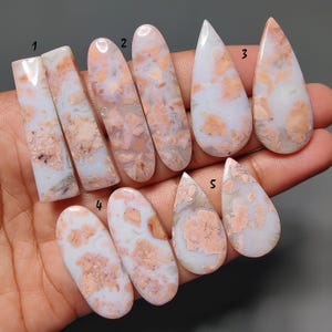 Puede incluir: Una colección de piedras preciosas pulidas en varias formas, incluyendo rectangulares, ovaladas y de lágrima. Las piedras presentan una mezcla de colores blanco, melocotón y marrón claro, con patrones y vetas únicos. Las piedras preciosas se sostienen en una mano.