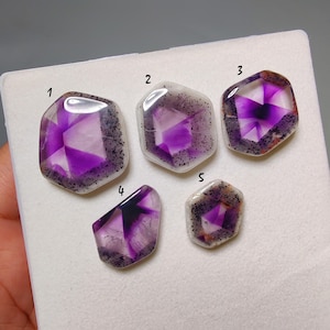 以下が含まれることがあります： 紫と白の様々な色合いの、5つの六角形のアメジスト宝石。各石はユニークな模様、暗いインクルージョン、研磨された半透明の外観を持っています。宝石は白い表面に配置されています。