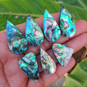 May include: Seven iridescent abalone shell cabochons in various teardrop and irregular shapes. The shells display a range of colors, including blues, greens, and purples, with a shimmering, pearlescent effect. These polished shells are ideal for jewelry making or crafting.