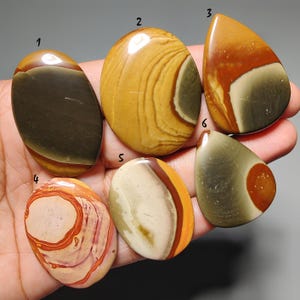 May include: Six polished jasper gemstones in a variety of shapes and colours. The stones display a mix of brown, tan, orange, and cream hues with unique patterns and veining. The gemstones are held in a hand, showcasing their natural beauty.