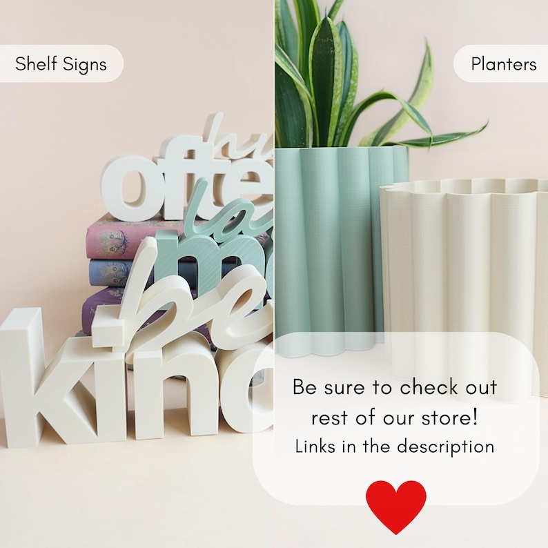 May include: A display of shelf signs and planters. The shelf signs spell out "kind", "be", and "often" in white and mint green. Two ribbed planters, one mint green and one cream, are filled with plants.