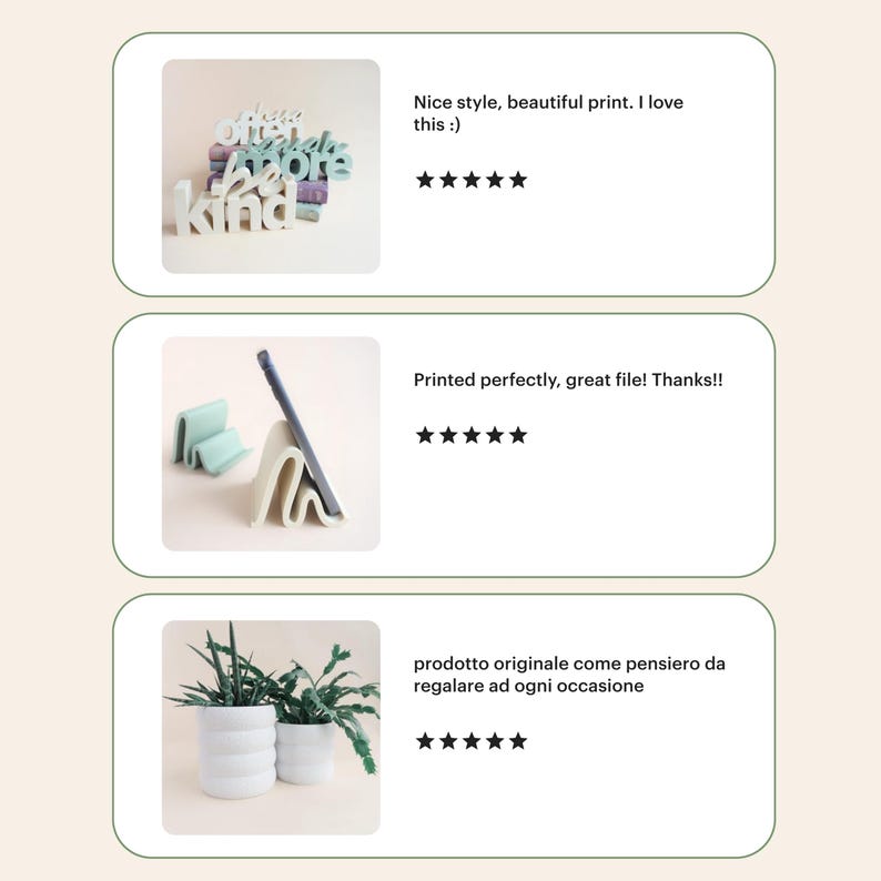 Może przedstawiać: Obraz przedstawia trzy recenzje produkt&oacute;w. Pierwsza pokazuje dekoracyjny znak ze słowami "offer more be kind". Druga pokazuje stojak na telefon. Trzecia pokazuje dwie białe donice z roślinami.