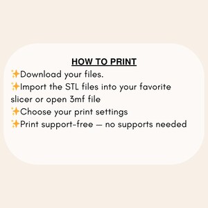 Może przedstawiać: Grafika z tekstem "HOW TO PRINT" i instrukcjami dotyczącymi drukowania 3D. Kroki obejmują pobieranie plik&oacute;w, importowanie plik&oacute;w STL, wyb&oacute;r ustawień drukowania i drukowanie bez podp&oacute;r.