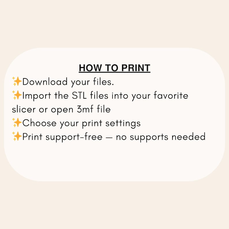 Może przedstawiać: Grafika z tekstem "HOW TO PRINT" i instrukcjami dotyczącymi drukowania 3D. Kroki obejmują pobieranie plik&oacute;w, importowanie plik&oacute;w STL, wyb&oacute;r ustawień drukowania i drukowanie bez podp&oacute;r.