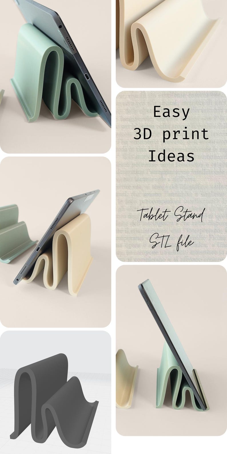May include: A collection of 3D-printed tablet stands in various colors, including mint green, cream, and gray. The stands have a unique, wavy design, holding a tablet at an angle. Text on the image reads "Easy 3D print Ideas" and "Tablet Stand STL file."