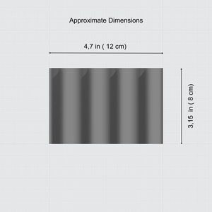 Może przedstawiać: Szary prostokątny obiekt z pionowymi żłobieniami, o szerokości około 12 cm i wysokości 8 cm. Obraz zawiera tekst "Approximate Dimensions".
