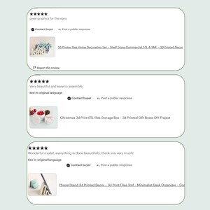 May include: Screenshot of Etsy reviews for 3D printed items. The reviews include text and images of the products, such as shelf signs, storage boxes, and a phone stand. The reviews are positive, with comments about the quality and ease of assembly.