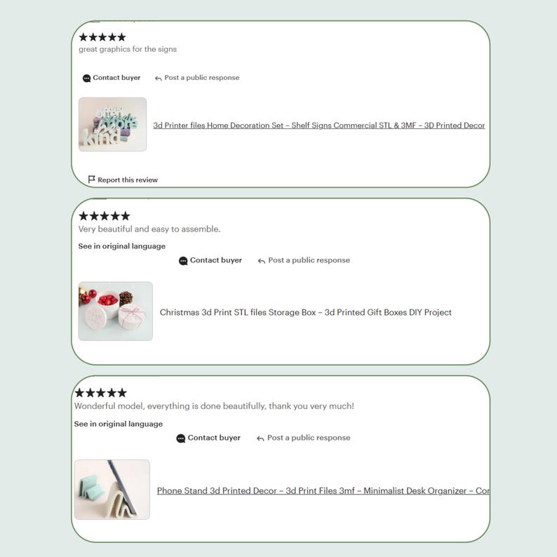 May include: Screenshot of Etsy reviews for 3D printed items. The reviews include text and images of the products, such as shelf signs, storage boxes, and a phone stand. The reviews are positive, with comments about the quality and ease of assembly.