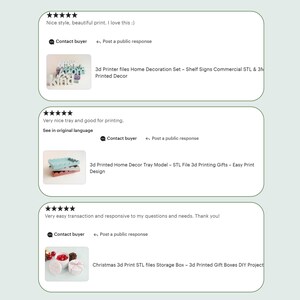 May include: Image shows customer reviews for 3D-printed home decor items. The reviews include text and images of the products, such as shelf signs, a tray model, and storage boxes. The reviews highlight the quality and ease of printing.