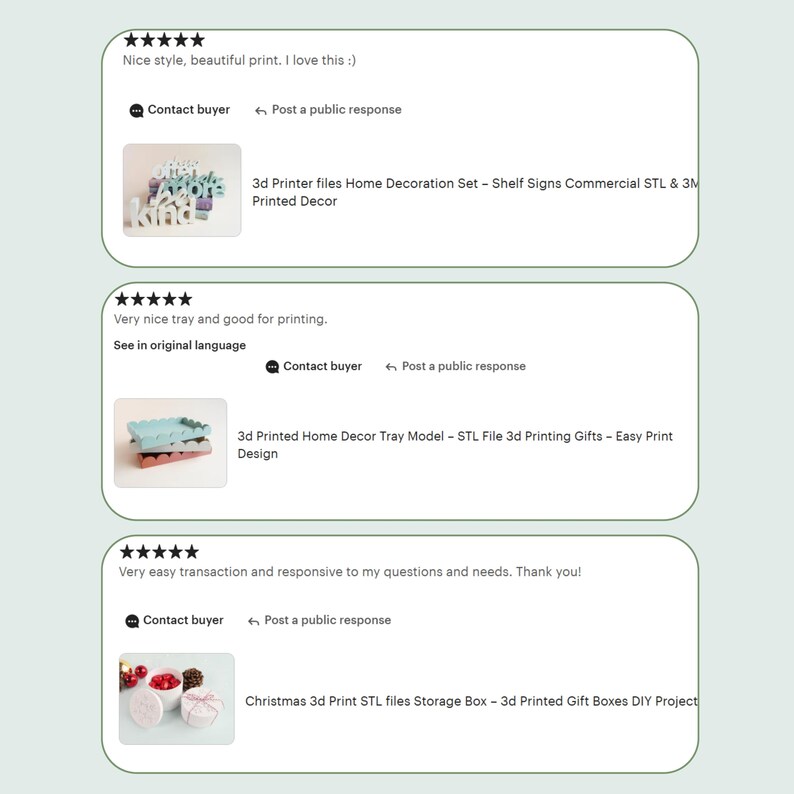 May include: Image shows customer reviews for 3D-printed home decor items. The reviews include text and images of the products, such as shelf signs, a tray model, and storage boxes. The reviews highlight the quality and ease of printing.