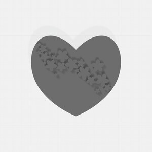 May include: A gray heart shape with a floral design. The heart is a solid gray color, and a cascade of small, white flowers is arranged diagonally across it. The background is a white grid pattern.