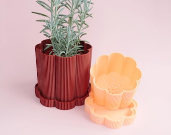 Fichier STL d'impression 3D d'un pot de fleurs pour impression à domicile. Support pour plante d'intérieur avec soucoupe. Décoration intérieure, objet utile, projet 3D, cadeau de pendaison de crémaillère.