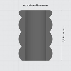 May include: A gray, scalloped-edge container with the text "Approximate Dimensions" and a measurement of 5.5 inches (14 cm). The container is a solid gray color and has a rectangular shape.