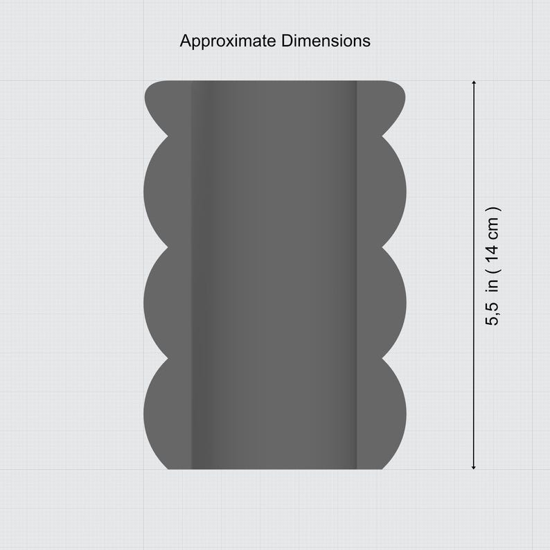 May include: A gray, scalloped-edge container with the text "Approximate Dimensions" and a measurement of 5.5 inches (14 cm). The container is a solid gray color and has a rectangular shape.