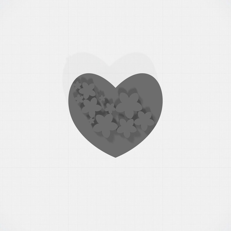 May include: A gray heart-shaped design with several flower cutouts. The heart and flowers have a 3D effect, casting shadows on a white background. The design is simple and elegant.