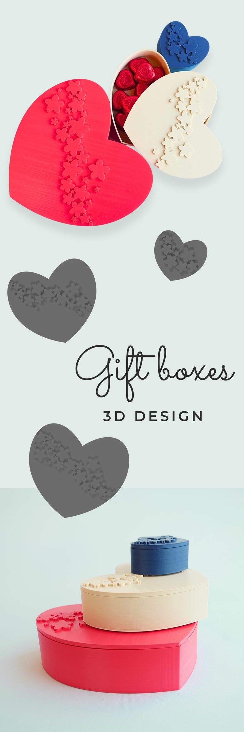 May include: Heart-shaped gift boxes in red, cream, and blue, with flower-shaped cutouts. The boxes are stacked, and some are open, revealing red contents. The image includes the text "Gift boxes 3D DESIGN."