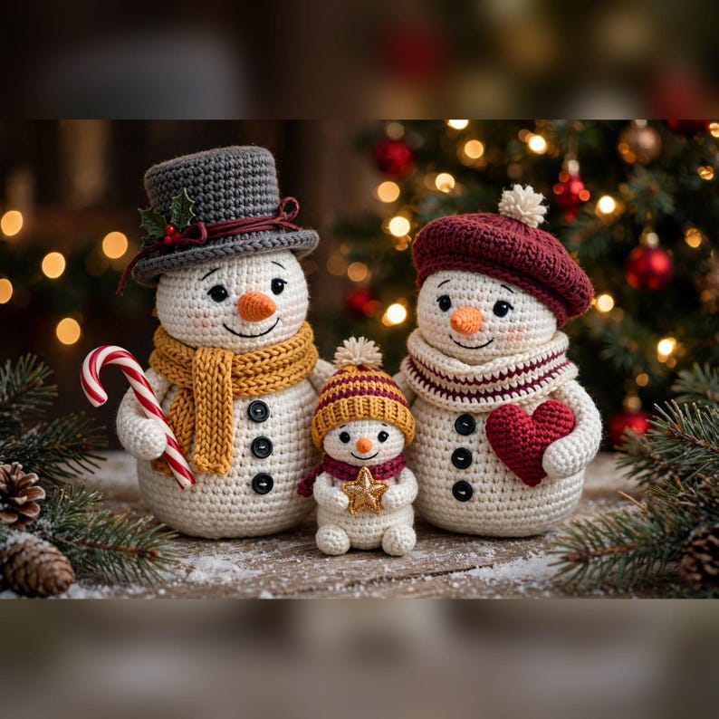 May include: Three crocheted snowmen figures. The largest wears a gray top hat with holly and a mustard yellow scarf, holding a candy cane. The medium one wears a maroon beret and scarf, holding a red heart. The smallest wears a striped hat.