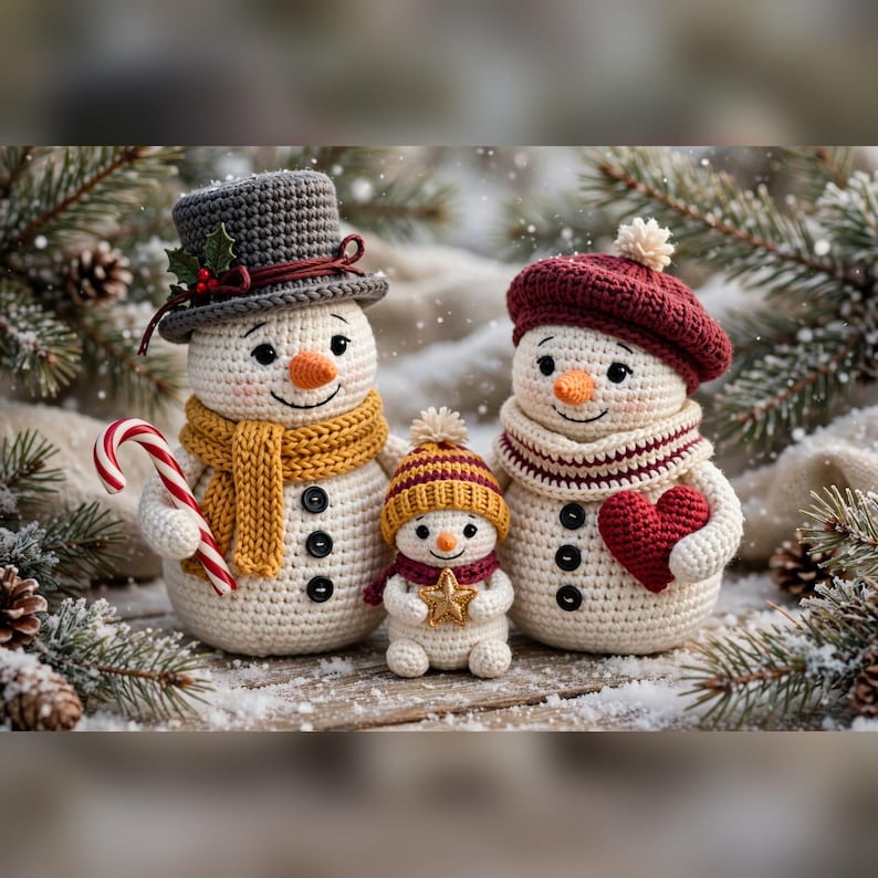 May include: Three crocheted snowmen figures. The largest wears a grey top hat with holly and a yellow scarf, holding a candy cane. The medium snowman wears a maroon beret and striped scarf, holding a red heart. The smallest wears a yellow hat.