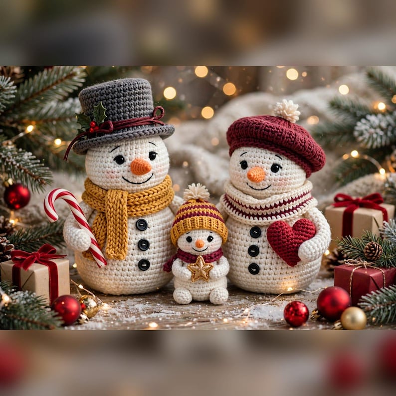 May include: Three crocheted snowmen figures. The largest wears a gray top hat and yellow scarf, holding a candy cane. The medium snowman wears a maroon beret and scarf, holding a red heart. The smallest wears a striped hat and holds a gold star.