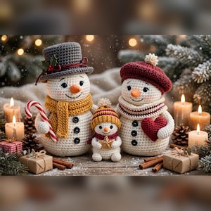 May include: Three crocheted snowmen figures. The largest wears a gray top hat with holly and a yellow scarf, holding a candy cane. The medium one wears a maroon beret and scarf, holding a red heart. The smallest wears a striped hat and scarf.