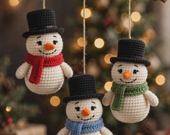 May include: Three crocheted snowman ornaments hanging from a branch. Each snowman is off-white with a black top hat, an orange carrot nose, and a scarf in either red, green, or blue. They feature embroidered black eyes and mouths.