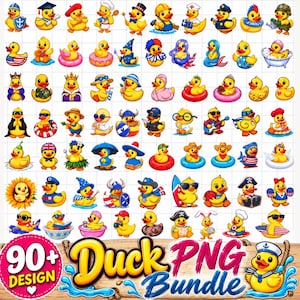 Puede incluir: Una colección de más de 90 ilustraciones de patitos de goma amarillos con diversos disfraces y temas, incluyendo atuendos profesionales, de fantasía y estacionales, en una cuadrícula con un letrero de madera 90+ Duck PNG Design.