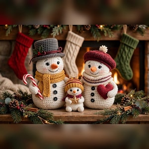 May include: Three crocheted snowmen figures. The largest wears a gray top hat and yellow scarf, holding a candy cane. The medium one wears a maroon beret and scarf, holding a red heart. The smallest wears a striped hat and holds a gold star.