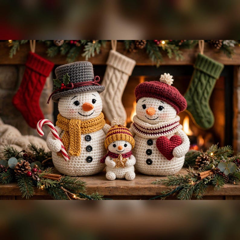May include: Three crocheted snowmen figures. The largest wears a gray top hat and yellow scarf, holding a candy cane. The medium one wears a maroon beret and scarf, holding a red heart. The smallest wears a striped hat and holds a gold star.