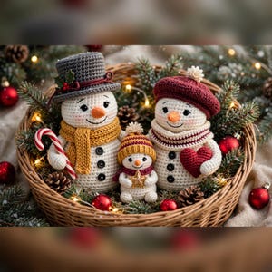 May include: Three crocheted snowmen figures nestled in a wicker basket with pine branches and red ornaments. The largest wears a gray top hat and yellow scarf, the medium wears a maroon beret and scarf, and the smallest wears a striped hat.