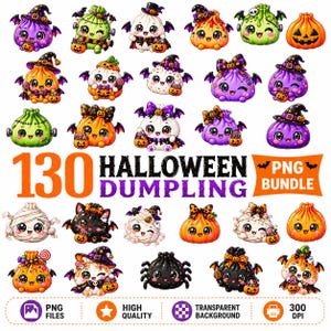 Puede incluir: Una colección digital de 130 ilustraciones de dumplings de Halloween con varios personajes disfrazados, incluyendo brujas, momias y calabazas. El texto dice 130 HALLOWEEN DUMPLING PNG BUNDLE, PNG FILES, HIGH QUALITY, TRANSPARENT BACKGROUND, 300 DPI.