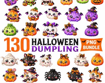 Może przedstawiać: Cyfrowa kolekcja 130 ilustracji pierożków na Halloween z różnymi postaciami w kostiumach, w tym czarownicami, mumiami i dyniami. Tekst głosi 130 HALLOWEEN DUMPLING PNG BUNDLE, PNG FILES, HIGH QUALITY, TRANSPARENT BACKGROUND, 300 DPI.